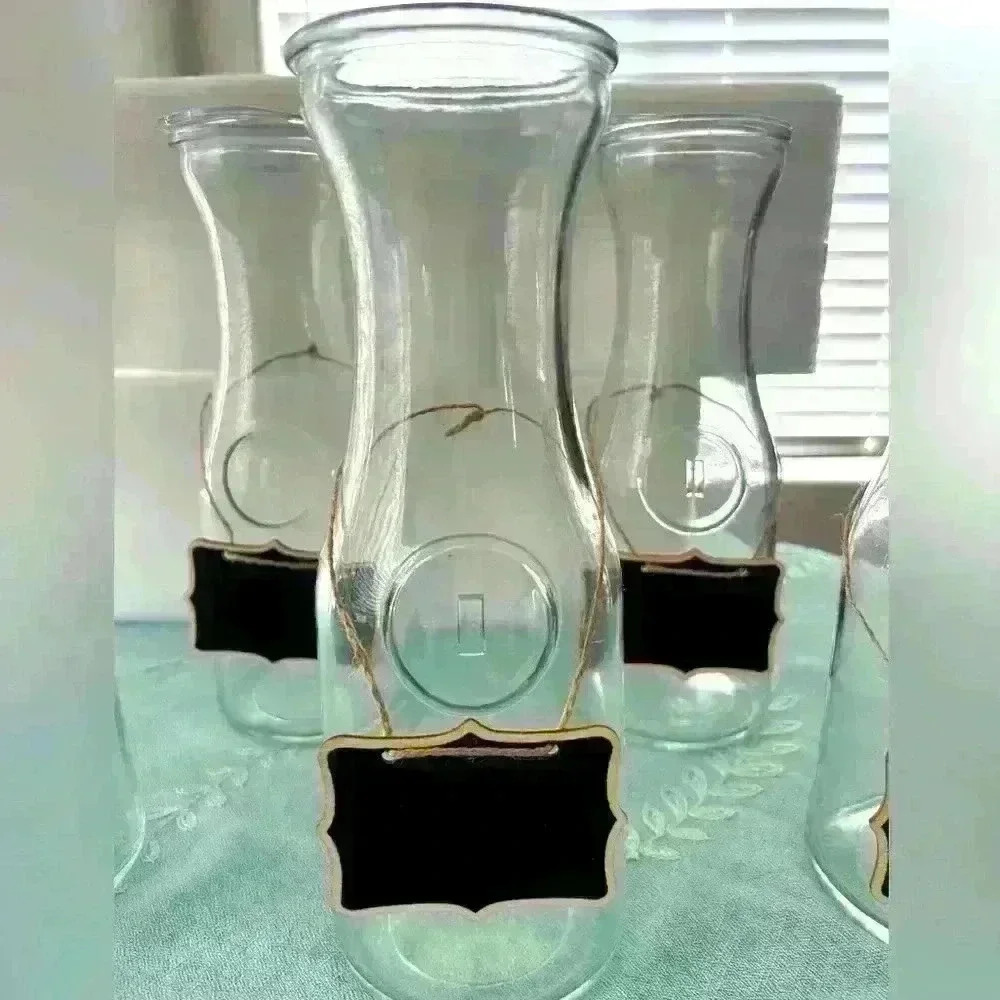 🐮 6 Glass Milk Bottles, 6 covers, black chaulk hanging tags and white marker